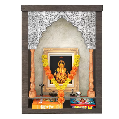 Traditional Home Temple Cabinet With Decorative Arch Golden Frame Flower Garlands And Deity Idol 3d model