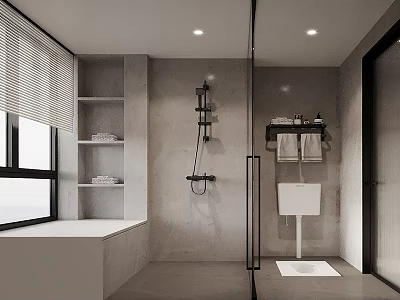 Modern Bathroom Interior Design With Shower Area Bathtub Washbasin Shelves And Towel Rack 3d model