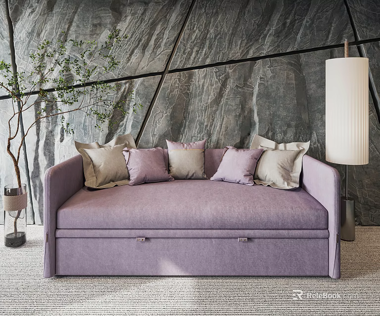 Purple Storage Sectional Sofa With Decorative Pillows Stone Wall And Floor Lamp 3d model