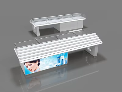 Modern White Cosmetic Display Shelf With Glass Countertop And Advertising Panel 3d model