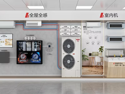 Furniture Store Interior Display Featuring Air Conditioners Control Panels And Diagrams 3d model