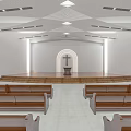 Modern Church Interior With Cross Altar Pews And Skylight Ceiling Design
