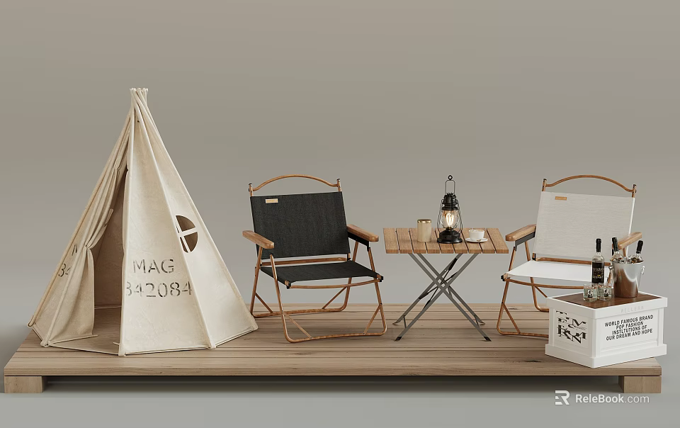 Classic Canvas Tent With Camping Chairs Small Table And Lantern On Wooden Floor 3d model 