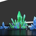 Floral Art Installation With Crystal Like Green Blue Structures And Water Reflection