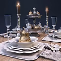 Elegant Dinnerware Set with White Plates Silver Candle Holders and Golden Pear Decorations