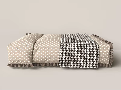 Cozy Bed Linens With Beige Polka Dot Pillows And Houndstooth Blanket With Ruffled Edges 3d model