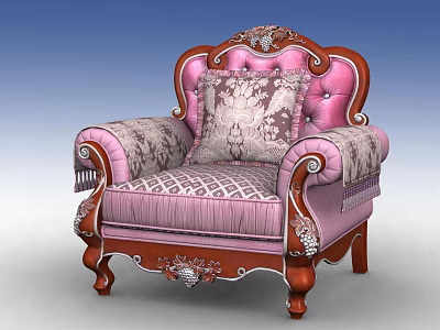 Classic Ornate Single Sofa with Pink Upholstery Brown Wooden Frame Carved Details and Patterned Cushion 3d model