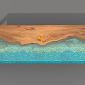 Modern Dining Table With Wooden And Glass Ripple Design Featuring Blue Tones And Orange Decor