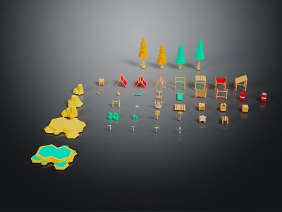 Modern Cartoon Items Fence Trees Table 3d model