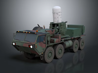 Weapon System Mounted On Camouflage Military Truck With White Cylindrical Device And Multi Wheels 3d model