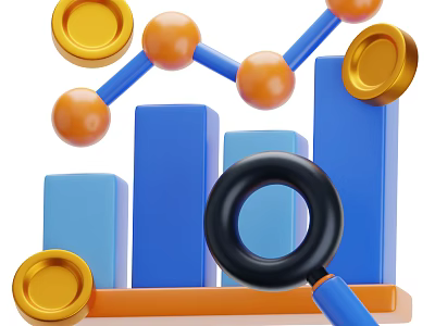 Decorative Ornament Set With Blue Bar Charts Magnifying Glass And Gold Circular Pieces 3d model