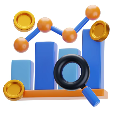 Decorative Ornament Set With Blue Bar Charts Magnifying Glass And Gold Circular Pieces 3d model
