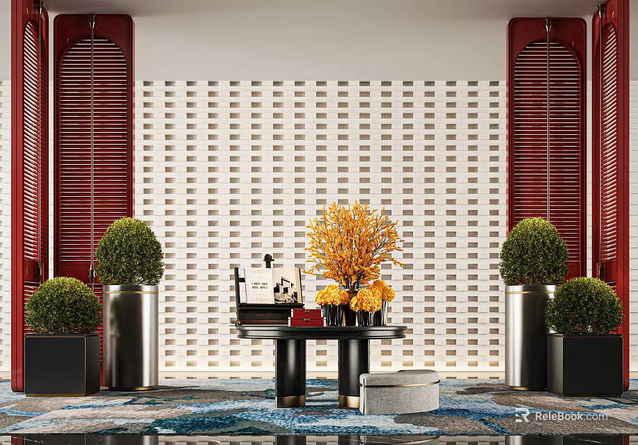 Hotel Lobby Entrance With Red Louvered Shutters White Dotted Wall Yellow Flowers And Green Plants 3d model 