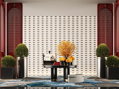 Hotel Lobby Entrance With Red Louvered Shutters White Dotted Wall Yellow Flowers And Green Plants 3d model