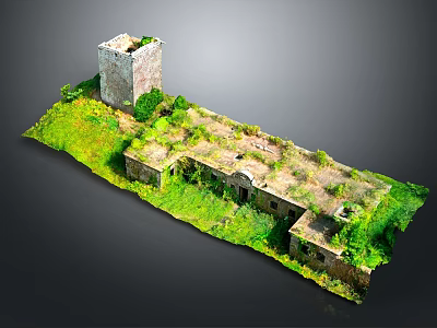 Ancient Ruins Model With Stone Tower Ruined Walls And Overgrown Grass 3d model