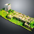Ancient Ruins Model With Stone Tower Ruined Walls And Overgrown Grass