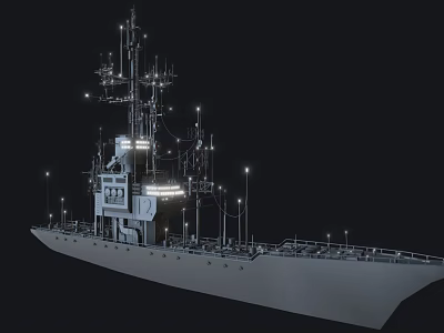 Warship With Multiple Antennas Illuminated Lights And Detailed Superstructure On Dark Background 3d model