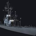 Warship With Multiple Antennas Illuminated Lights And Detailed Superstructure On Dark Background
