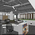 Modern Public Office Space with Open Layout Desks Ergonomic Chairs Windows Blinds and Ceiling Lights
