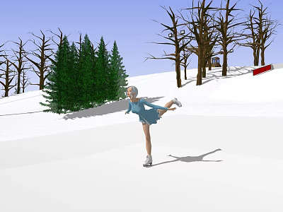 Female Ice Skater Practicing Stretch in Snowy Landscape With Green Pine Trees and Blue Sky 3d model