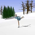 Female Ice Skater Practicing Stretch in Snowy Landscape With Green Pine Trees and Blue Sky