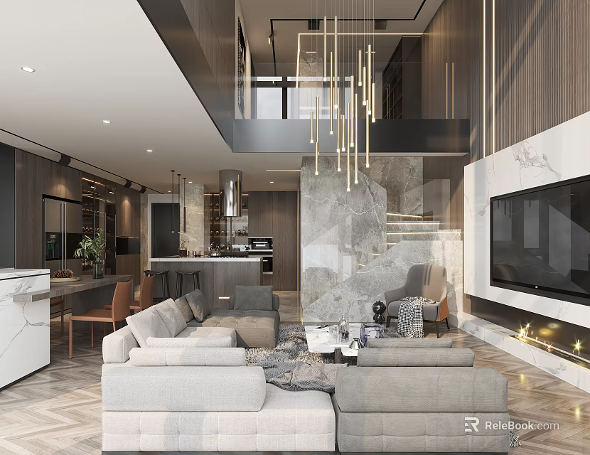 Modern Duplex Living Room Interior With High Ceiling Chandelier Sofa Set And TV Wall 3d model 