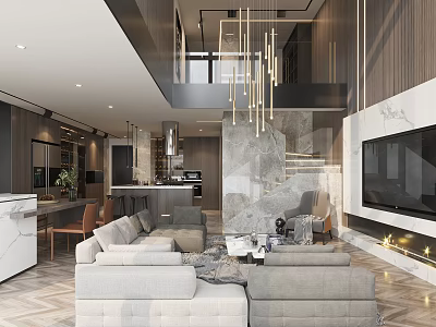 Modern Duplex Living Room Interior With High Ceiling Chandelier Sofa Set And TV Wall 3d model