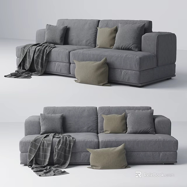 Modern Gray Two-Seater Sofa With Comfortable Cushions And Throw Blanket 3d model