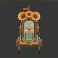 Decorative Wooden Cart With Orange Flowers Small Flag And Intricate Design