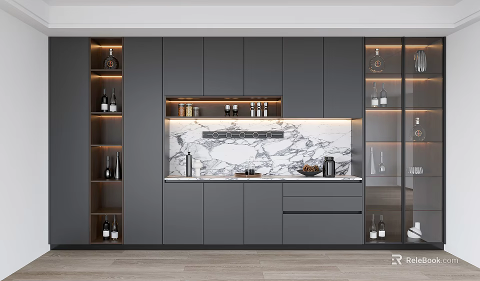 Modern Wine Cabinet Design With Marble Backsplash Illuminated Shelves And Glassware 3d model 