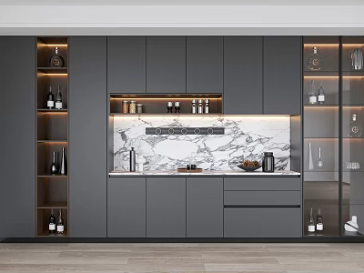 Modern Wine Cabinet Design With Marble Backsplash Illuminated Shelves And Glassware 3d model
