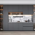 Modern Wine Cabinet Design With Marble Backsplash Illuminated Shelves And Glassware