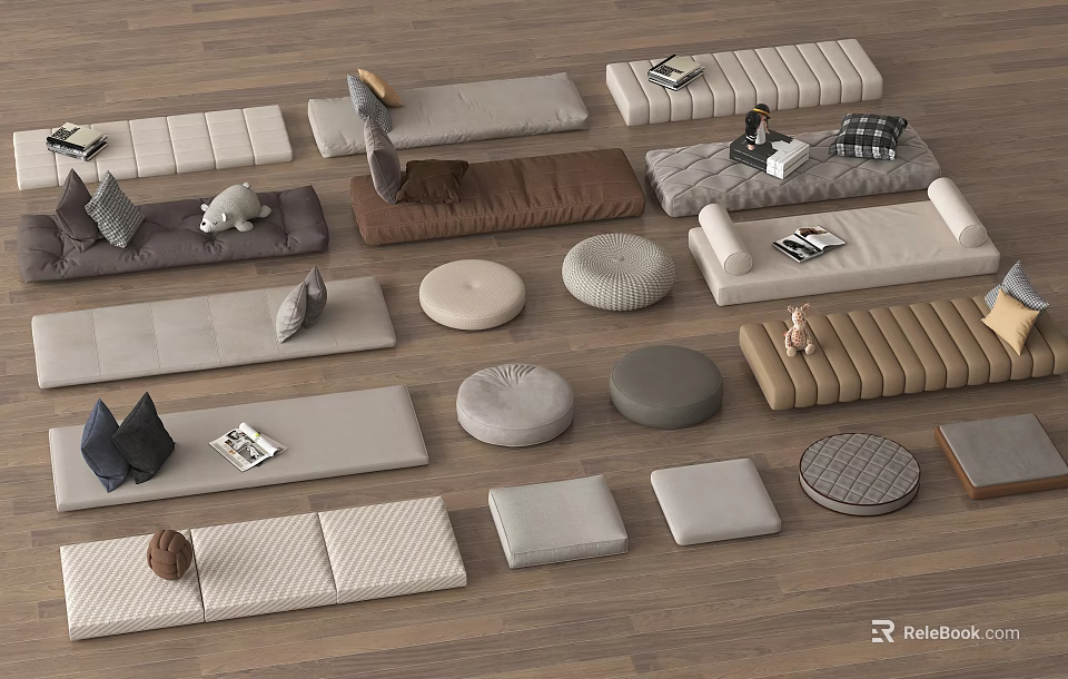 Upholstered Seating And Cushions In Modern Design With Neutral Fabric And Various Shapes 3d model 