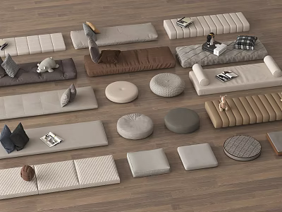 Upholstered Seating And Cushions In Modern Design With Neutral Fabric And Various Shapes 3d model