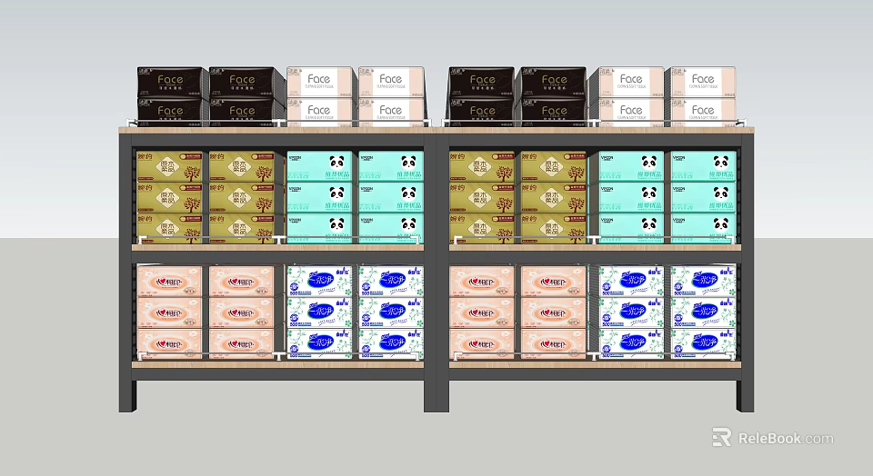 Neatly Arranged Supermarket Shelf With Various Brand Tissues And Daily Necessities 3d model 