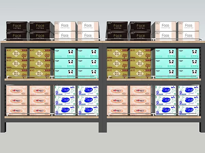 Neatly Arranged Supermarket Shelf With Various Brand Tissues And Daily Necessities 3d model