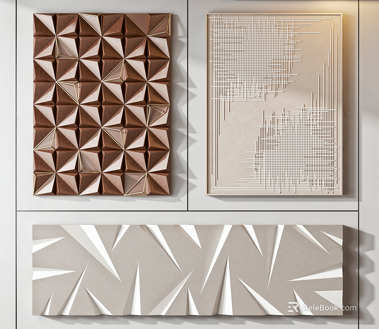 Stylish Wall Decor Featuring Geometric Patterns Grid Textures And Spiked Shapes In Brown Beige White 3d model 
