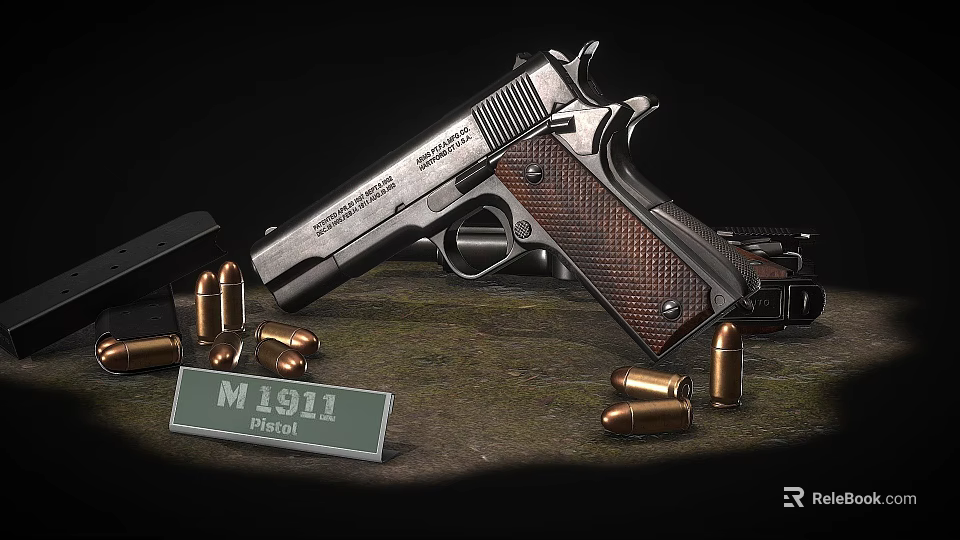 Detailed Vintage M1911 Pistol Display With Brass Bullets And Identification Plate 3d model 