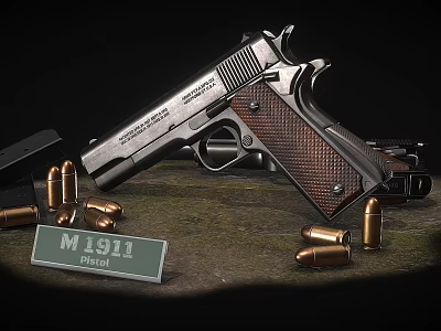 Detailed Vintage M1911 Pistol Display With Brass Bullets And Identification Plate 3d model