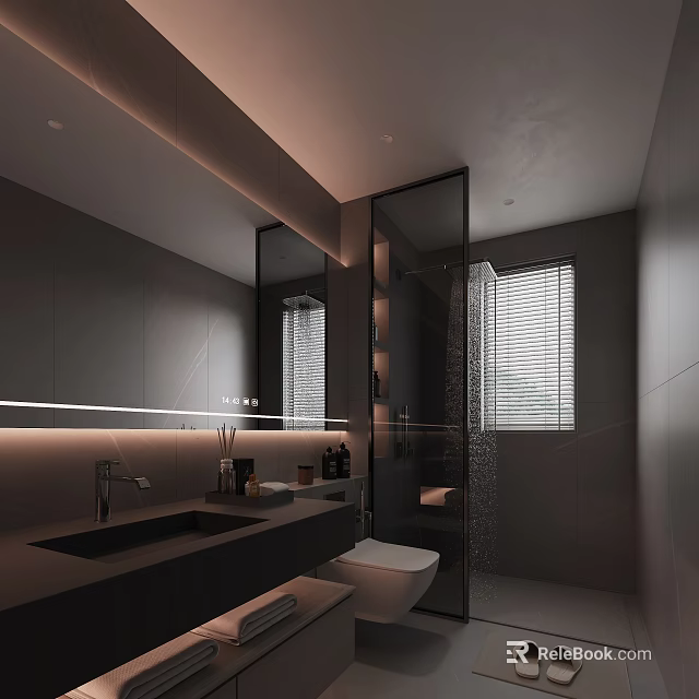 Modern Dark Toned Bathroom Interior With Vanity Mirror Glass Shower And Blinds 3d model 