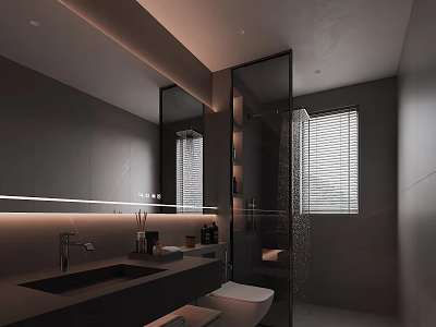 Modern Dark Toned Bathroom Interior With Vanity Mirror Glass Shower And Blinds 3d model