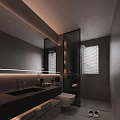 Modern Dark Toned Bathroom Interior With Vanity Mirror Glass Shower And Blinds