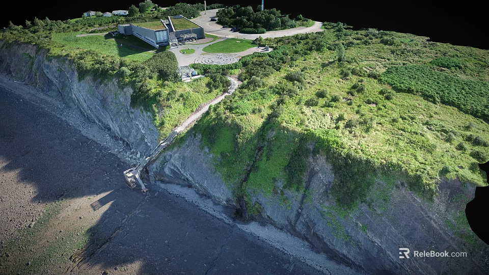 Scenic Coastal Cliff Landscape With Lush Green Vegetation Grassland Pathway And Buildings On Top 3d model 