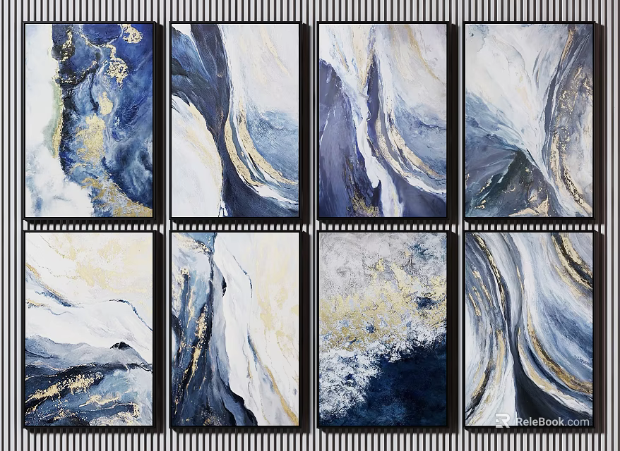 Abstract Art Paintings With Blue White Gold Fluid Patterns For Wall Decor 3d model