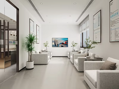 Bright Minimalist Office Reception Waiting Lounge With Comfortable Sofas Fresh Green Plants And Neat Wall Decor 3d model