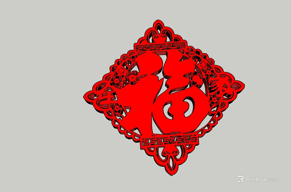 Chinese Traditional Red Paper Cut Fu Character With Decorative Patterns 3d model 