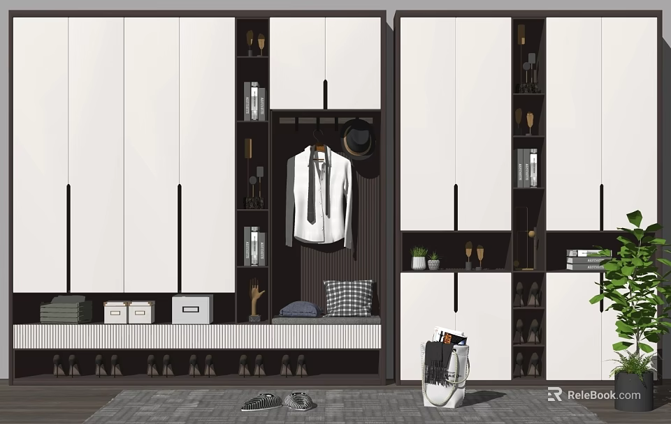 Modern Shoe Cabinet With Hanging Clothes And Multiple Storage Spaces 3d model