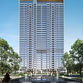 Modern High Rise Building Exterior With Glass Windows And Open Ground