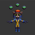 3D Cat Character With Blue Yellow Armor Red Helmet Green Eyes Juggling Floating Spheres