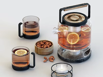 Refreshing Lemon Tea in Glass Teapot with Glass Cups Almonds and Candle 3d model